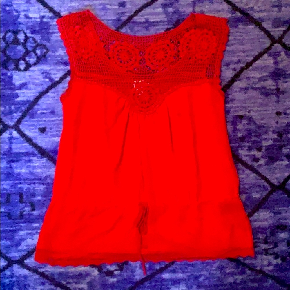 Red top with crochet detail and tie waist
